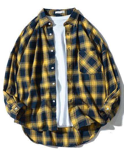 Japanese Style Plaid Long Sleeve Shirt Men Loose-fitting Workwear Jacket