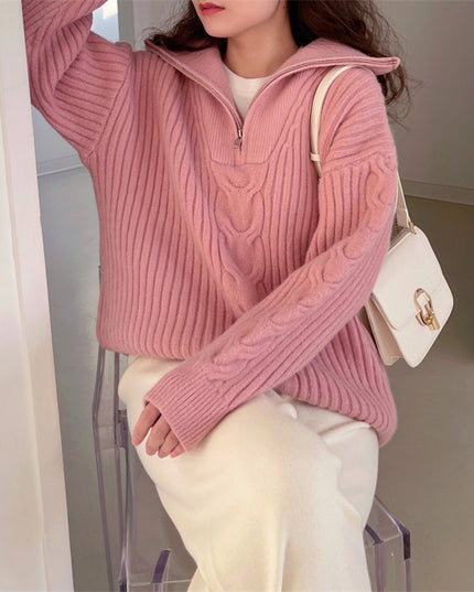 Half Zipper And Lapel Thick Sweater For Women Autumn And Winter