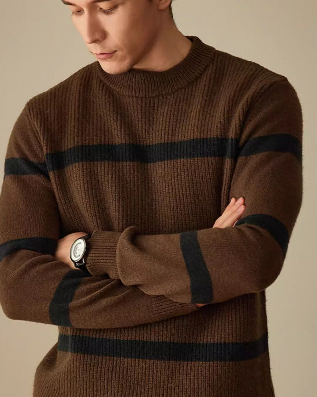 Pure Wool Men’s Striped Sweater – Warm Contrast Color Casual Pullover