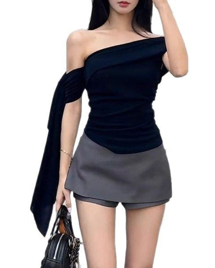 Navy Blue Ribbon Off-shoulder Short Sleeve