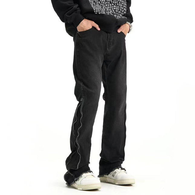 High Street Side Zipper Design Jeans – American Style Black Mid-Waist Trousers