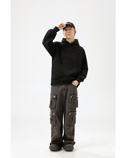 Cross Embroidery Loose Hooded Sweater Men's Hoodie Top