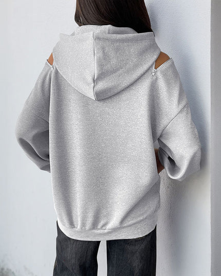 European And American Long Sleeve Drawstring Hooded Pullover Sweater Women's Solid Color High Grade Gray