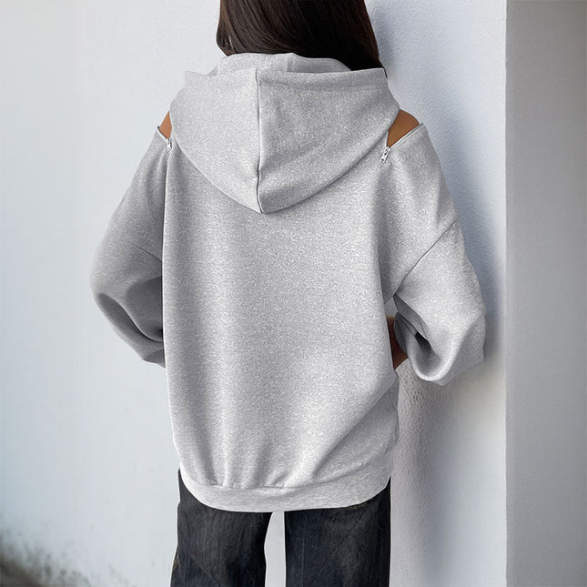 European And American Long Sleeve Drawstring Hooded Pullover Sweater Women's Solid Color High Grade Gray