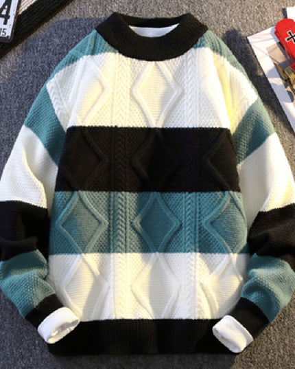 Men's Casual Round Neck Sweater Contrast Color Knitwear Top