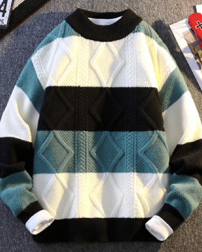 Men's Casual Round Neck Sweater Contrast Color Knitwear Top