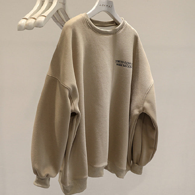 Fleece-lined Thick Lazy Round Neck Loose Sweatshirt Women