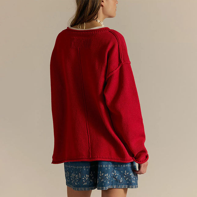 Women's Knitted Solid Color Round Neck Pullover Loose Sweater