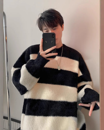 Black And White Striped Sea Sweater Men's Pu Handsome Idle Style Thick