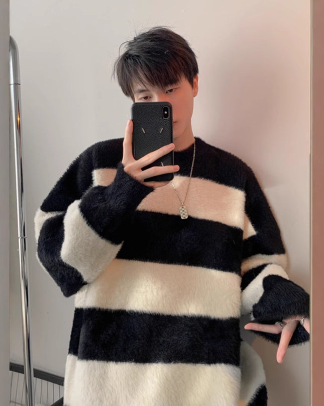 Black And White Striped Sea Sweater Men's Pu Handsome Idle Style Thick