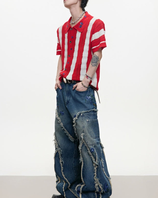 Men's Patchwork Striped Niche Retro Knitted Short Sleeved Shirt