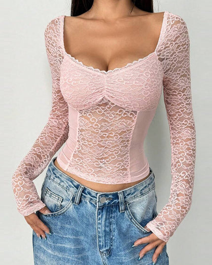 European And American Women's V-neck Long Sleeves Cropped Lace Short Top
