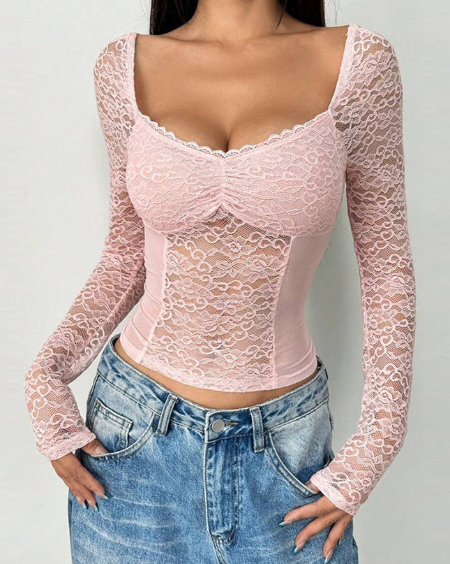 European And American Women's V-neck Long Sleeves Cropped Lace Short Top