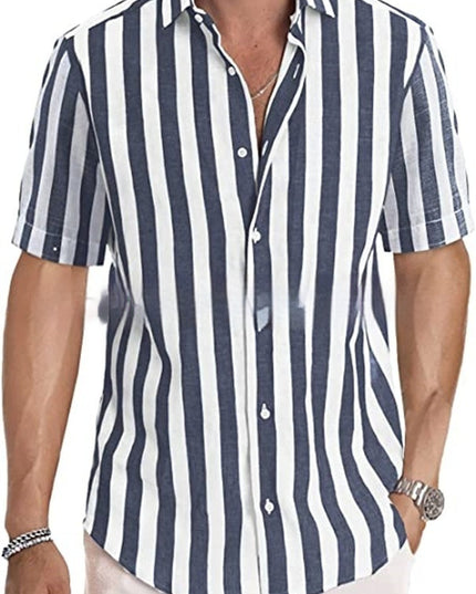 Summer European And American Men's Beach Casual Sports Yarn-dyed Striped Short-sleeved Lapel Shirt