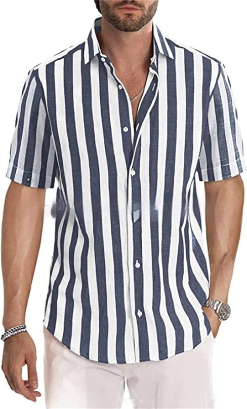Summer European And American Men's Beach Casual Sports Yarn-dyed Striped Short-sleeved Lapel Shirt