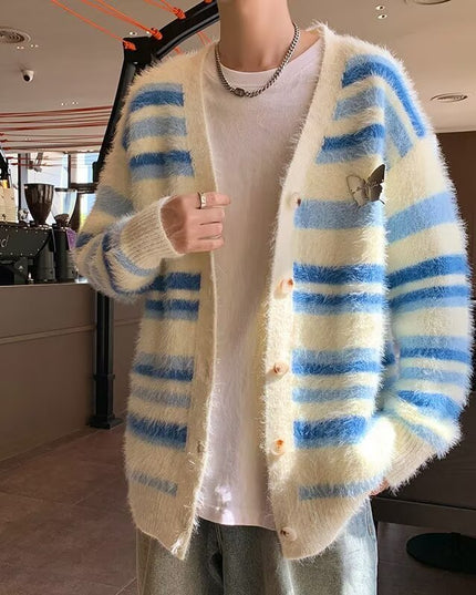 Autumn And Winter Striped Cardigan Sweater Coat For Men