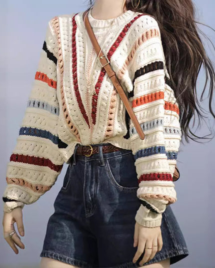 Retro Chic Rainbow Striped Hollow Sweater Round Neck Sweater
