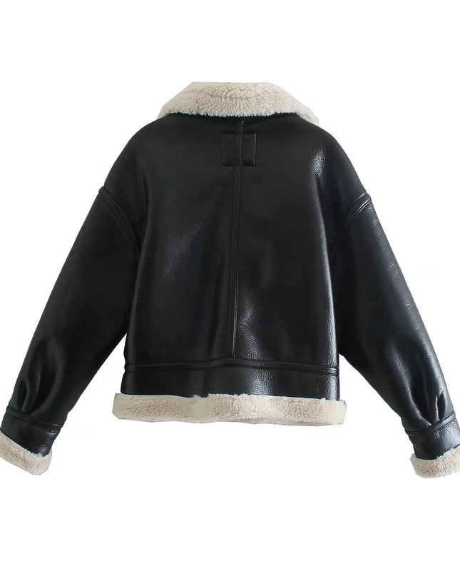 Trendy Biker Fleece Padded Faux Leather Jacket