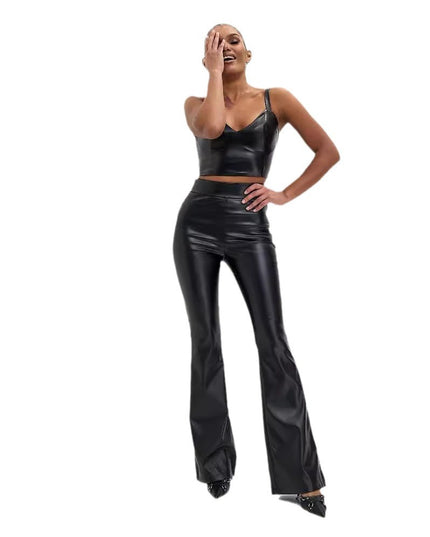 Black Glossy Flared Pants Women