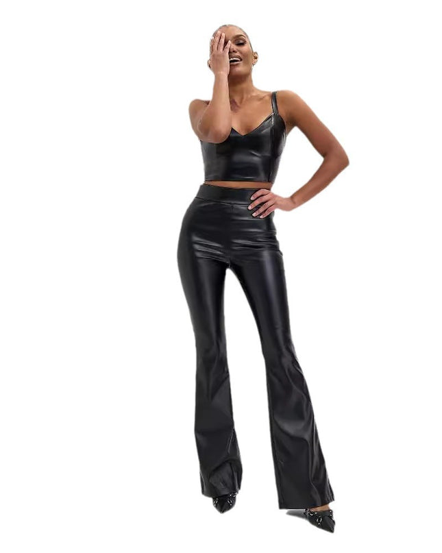 Black Glossy Flared Pants Women