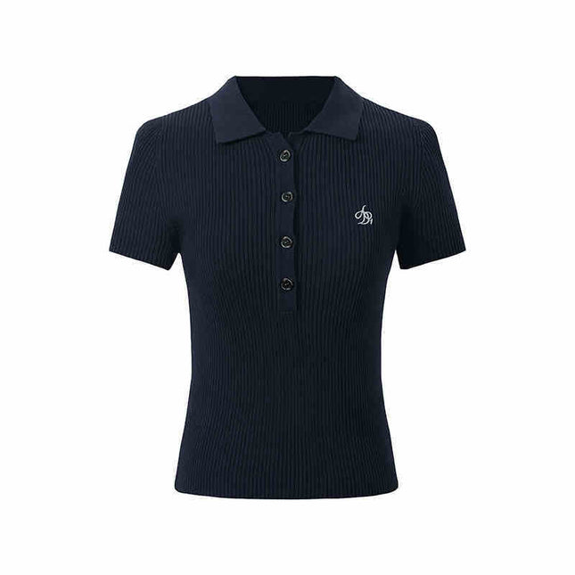 Knitted Preppy Style Polo Collar Tencel Linen Short Sleeve