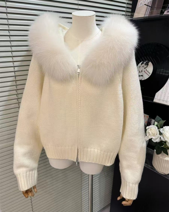 High-grade Women's Top Hooded Knitted Fur Collar Cardigan