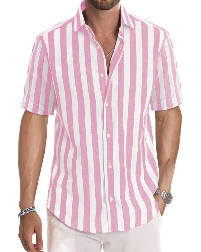 Summer European And American Men's Beach Casual Sports Yarn-dyed Striped Short-sleeved Lapel Shirt