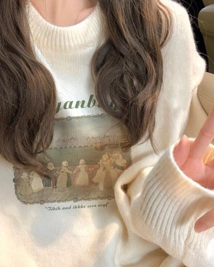 Retro Lazy Pullover Sweater Printed Women's Top