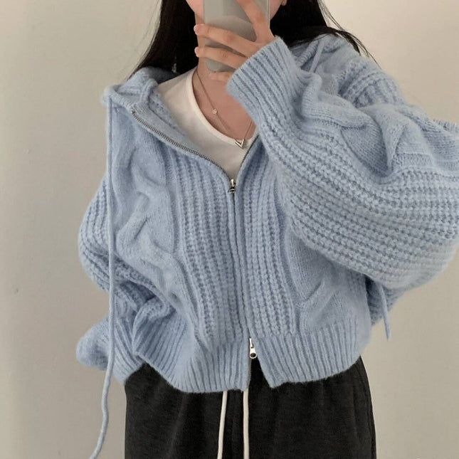 Loose And Idle Twist Hooded Double-headed Zipper Design Sweater Cardigan Coat