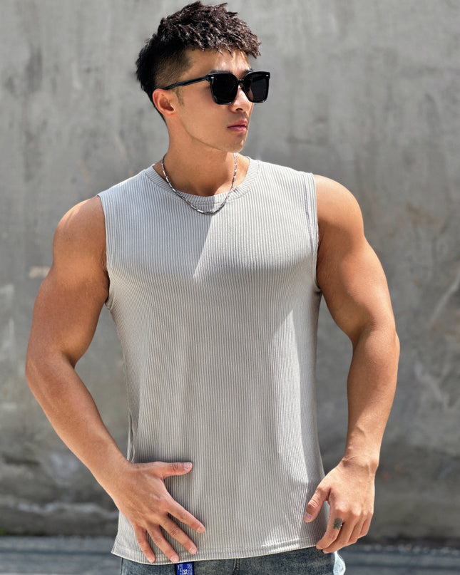 Summer Workout Vest Exercise Sleeveless Round Neck Striped Quick-drying Breathable Basketball Running Training Clothing Men