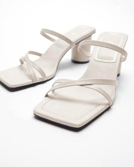 Square Toe High-heeled Sheep Leather Sandals