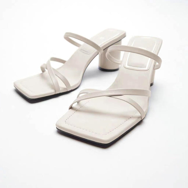 Square Toe High-heeled Sheep Leather Sandals
