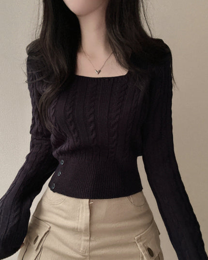 Retro Twist Knitted Sweater Single Row Button Square Collar Solid Color Underwear Top