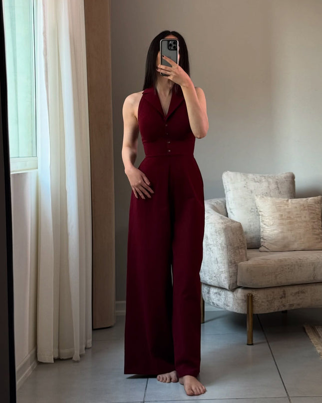 Burgundy Backless Lace-up Sleeveless Jumpsuit