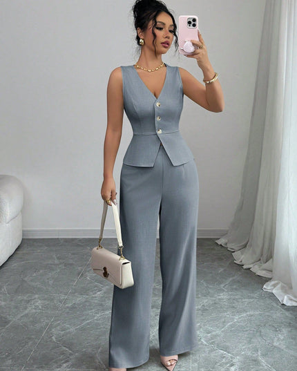 Solid Color Sleeveless Slim Fit Vest High Waist Trousers Two-piece Set