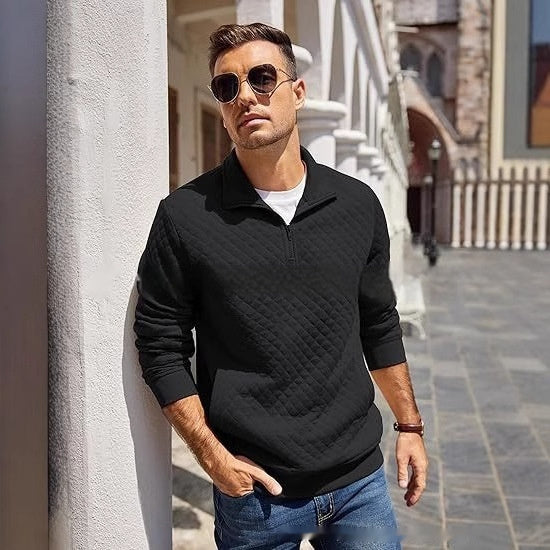 Long Sleeve Knitted Zip Pullover Plaid Sweatshirt