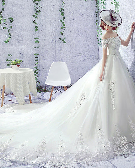 Wedding Dress Bride One-shoulder Trailing French Veil Hepburn Female