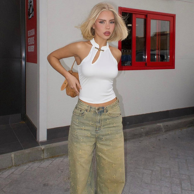 Fashion Buckle Hollow Sexy Sleeveless Slim T-shirt