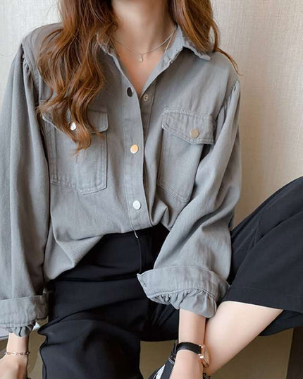 Blouses Shirts Women Spring Pockets Long Sleeve Fashion Solid Korean