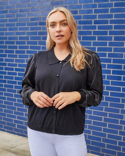 Plus Size Women's Knit Cardigan With Collar & Patchwork Design - Stylish Long Sleeve Casual Sweater For Fall & Spring