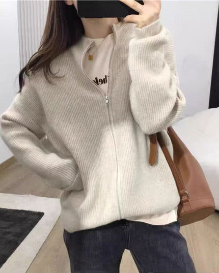 New Outdoor Idle Style Solid Color Zipper Knitted Cardigan Top
