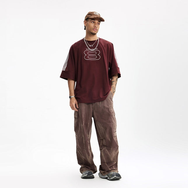Stitching Sports Embroidery T-shirt American Style Loose Short Sleeve