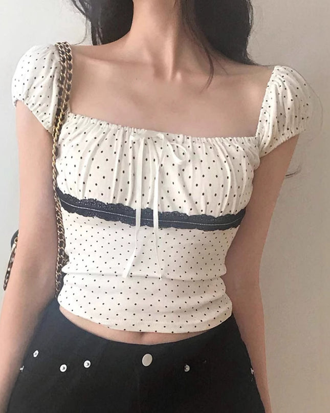 Women's Polka Dot Lace Stitching Tied Square Collar Short Sleeve Top