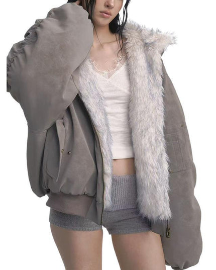Gray Double-sided Dyed Pointed Fur Vintage Cotton-padded Jacket Coat