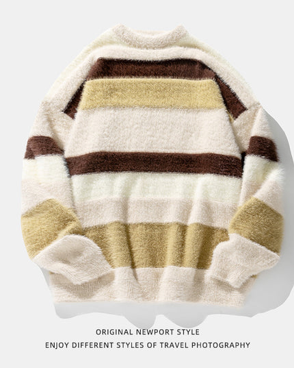 Artificial Mink Fur Contrast Color Striped Round Neck Sweater Japanese-style Retro