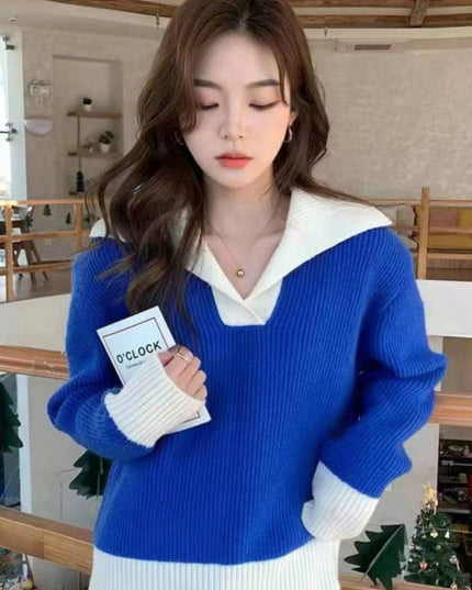 Contrast Color Polo Collar Soft Glutinous Sweater Women's Autumn And Winter