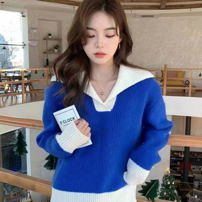 Contrast Color Polo Collar Soft Glutinous Sweater Women's Autumn And Winter