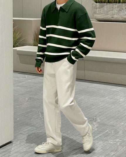 Half Zipper Contrast Color Knitwear Men's Loose Polo Collar Sweater
