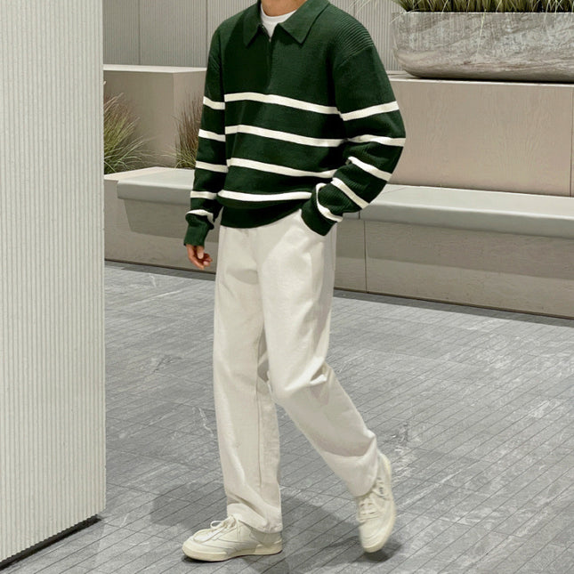 Half Zipper Contrast Color Knitwear Men's Loose Polo Collar Sweater