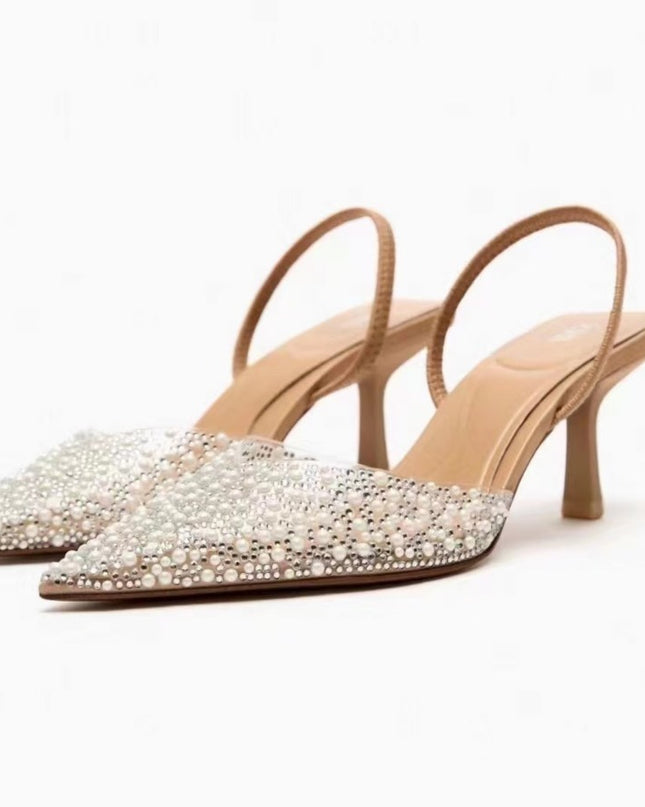 Women's Fashion Pointed Stiletto Heel Decorated Pearls Back Strap Sandals
